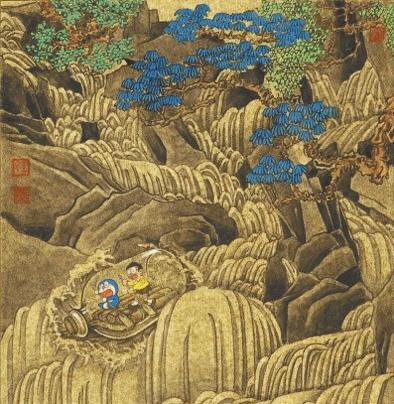 多啦A梦和大雄“穿越”古画。网络截图